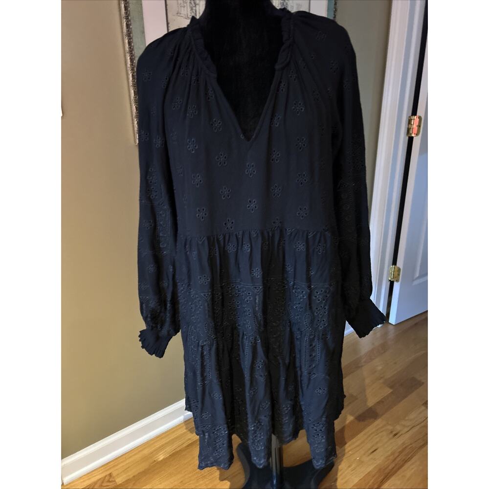 Hale Bob Dress Women's M Black eyelet long balloon slv lined tiered pockets New